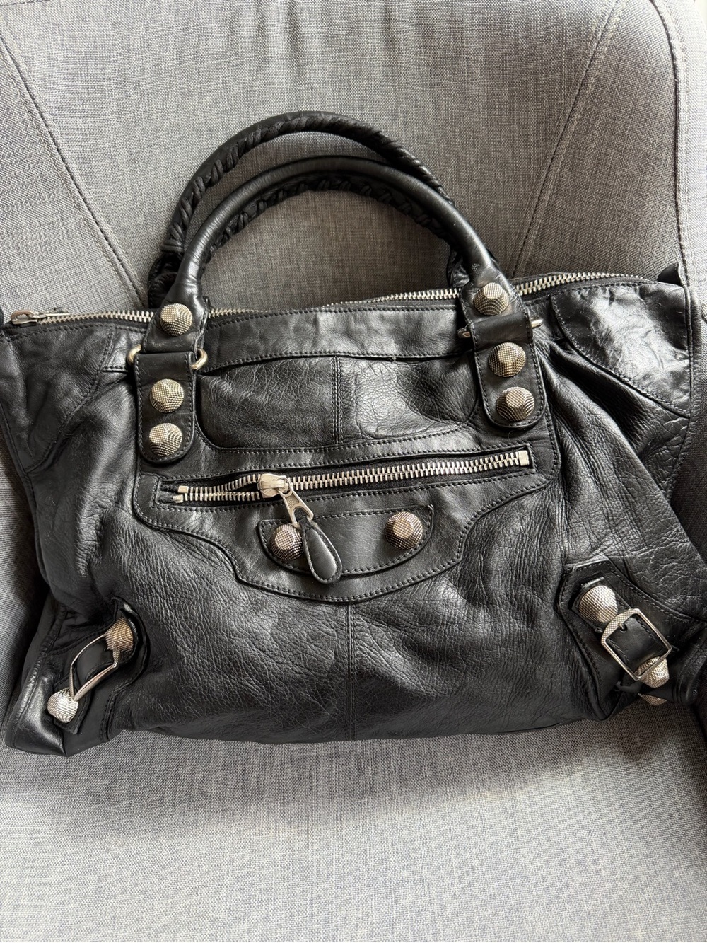Balenciaga Black Leather Satchel with Silver Hardware